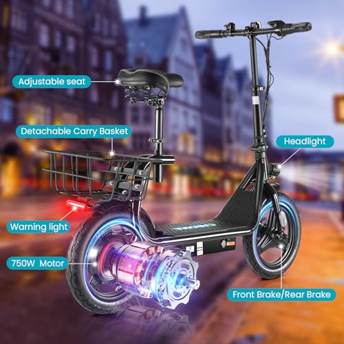 Caroma Peak 500W/800w/1200w Electric Scooters for Adults 14" Tire, 48V Battery, 30Miles Range, 20MPH Top Speed, Adjustable Electric Scooter with Seat