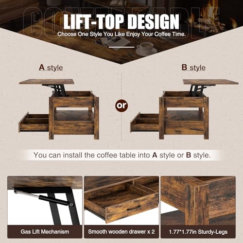 Rolanstar Coffee Table, Lift Top Coffee Table with Drawers and Hidden Compartment, Retro Central Table with Wooden Lift Tabletop, for Living Room