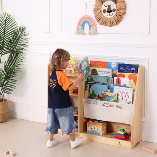 KRAND 4-Layer Kids Wooden Bookshelf, 4-Tier Layer Sling Bookcase, Baby Storage Book Rack,Toy Organizer Cabinet