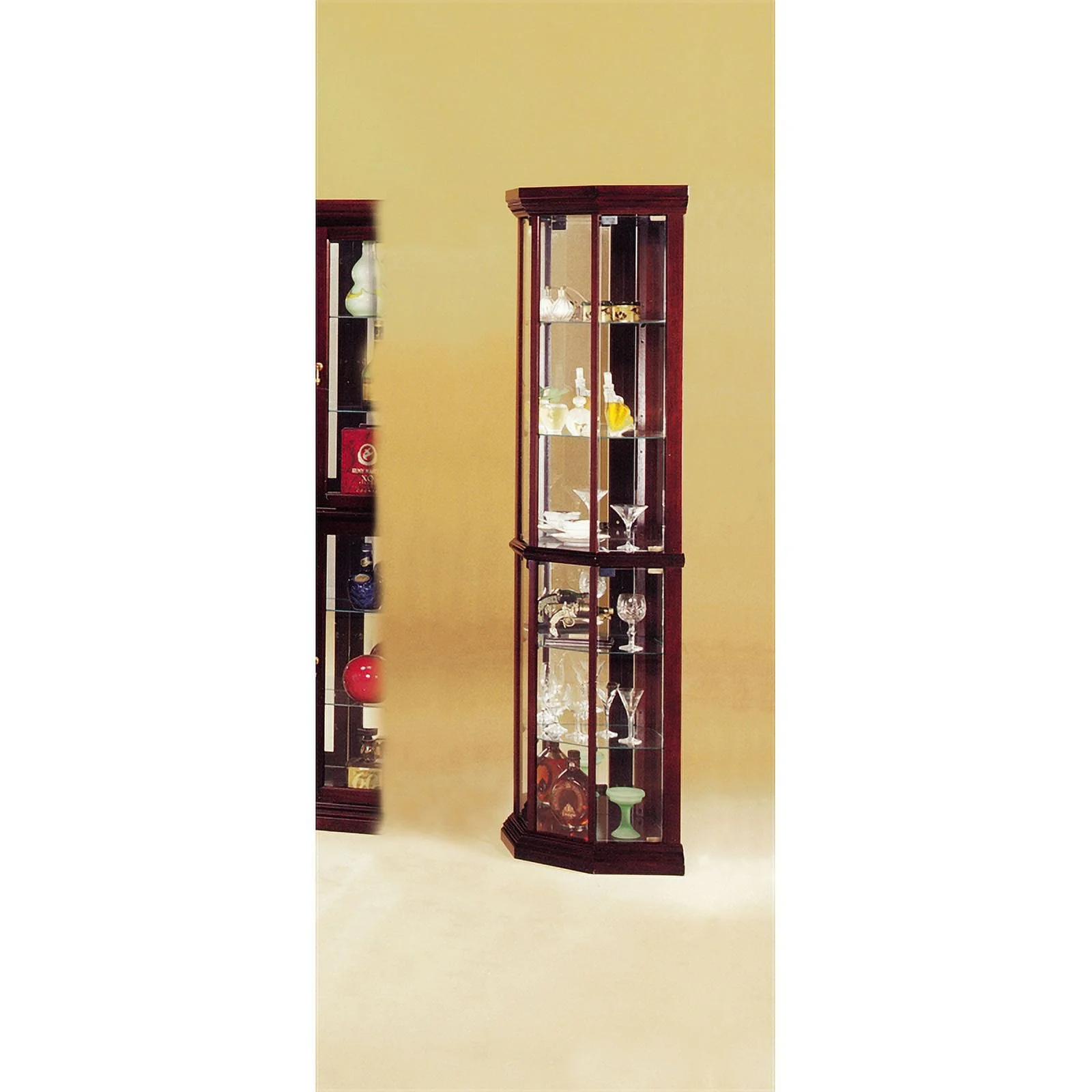 Pemberly Row Contemporary Corner Curio Cabinet in Cherry Finish