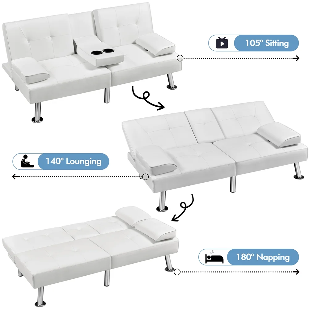 Easyfashion Modern Faux Leather Futon Sofa Bed Convertible Folding Couch with Cup Holders,White