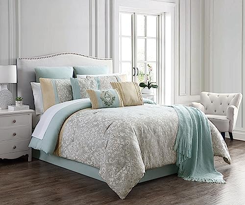 Riverbrook Home 100% Polyester Comforter Set, Queen, Hillcrest - Ivory/Gold, 9 Piece Set