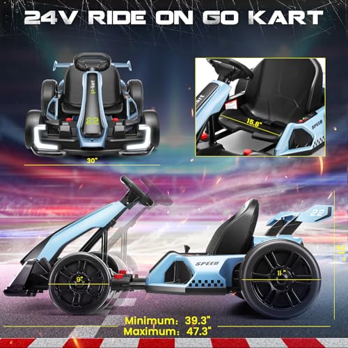 Hikole Go Kart Electric Drift Kart Car, 24V Crazy Go Cart for Kids with Adjustable Seat, 3 Speed Mode, Fast 300W Motor, 8.5 MPH