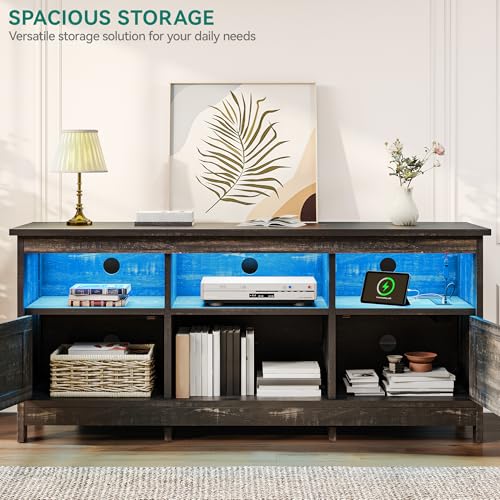 YITAHOME TV Stand for 65 Inch TVs, Entertainment Center with Storage Cabinets, Power Outlet & LED Light