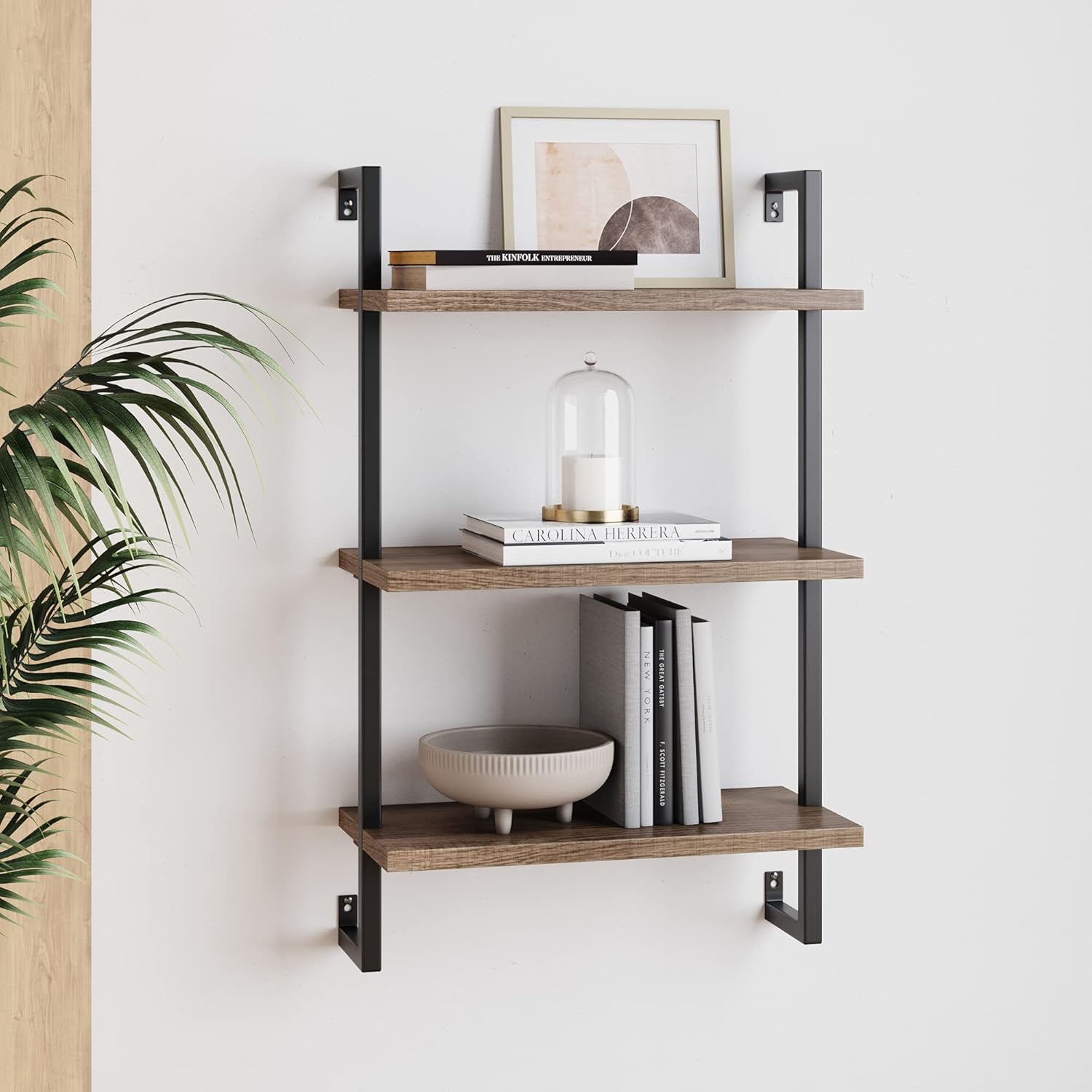Nathan James Theo 5-Shelf Modern Bookcase, Open Wall Mount Ladder Bookshelf with Industrial Metal Frame, White/Gold