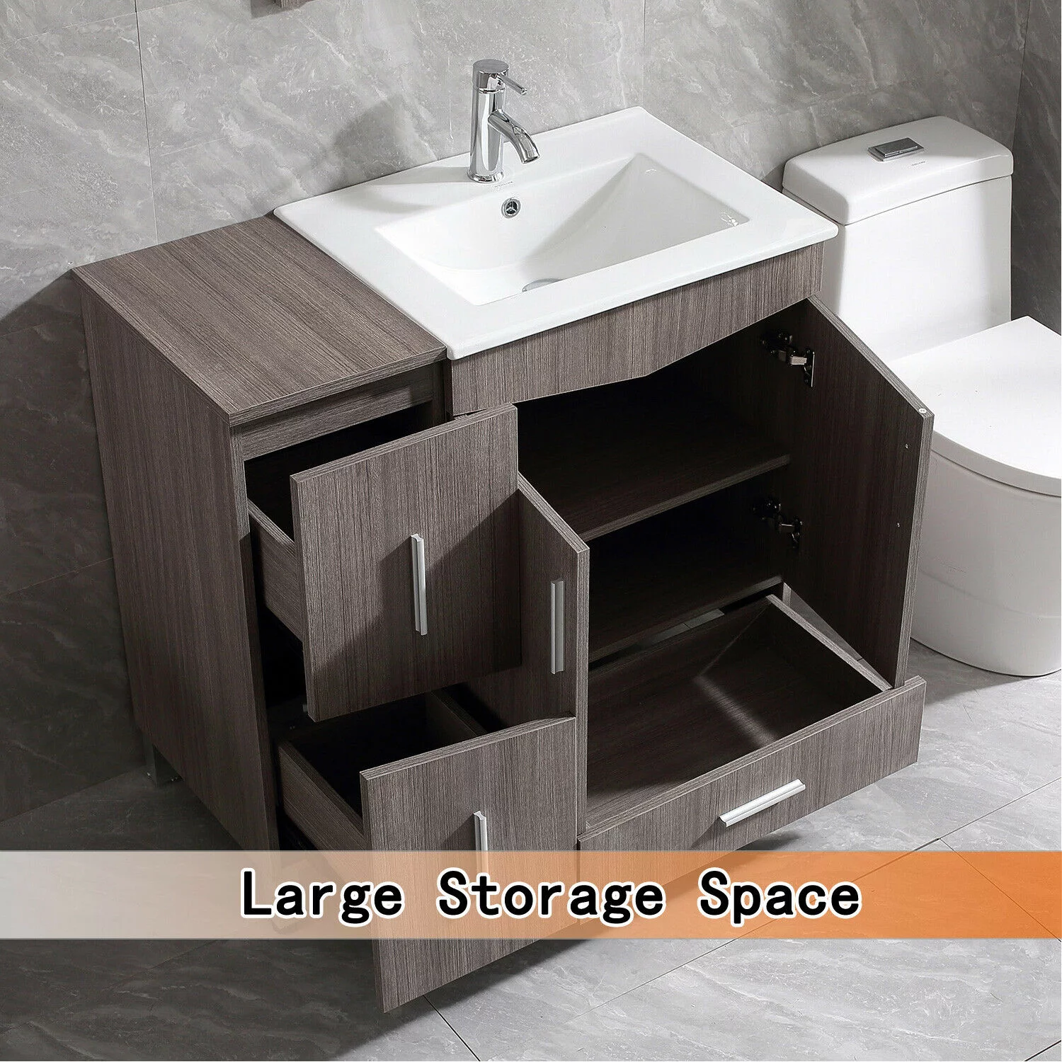 Wonline 36" Bathroom Vanity in Light Brown with Ceramic Base with Sink Faucet Drawers Wood Bath Cabinet Nordic Style