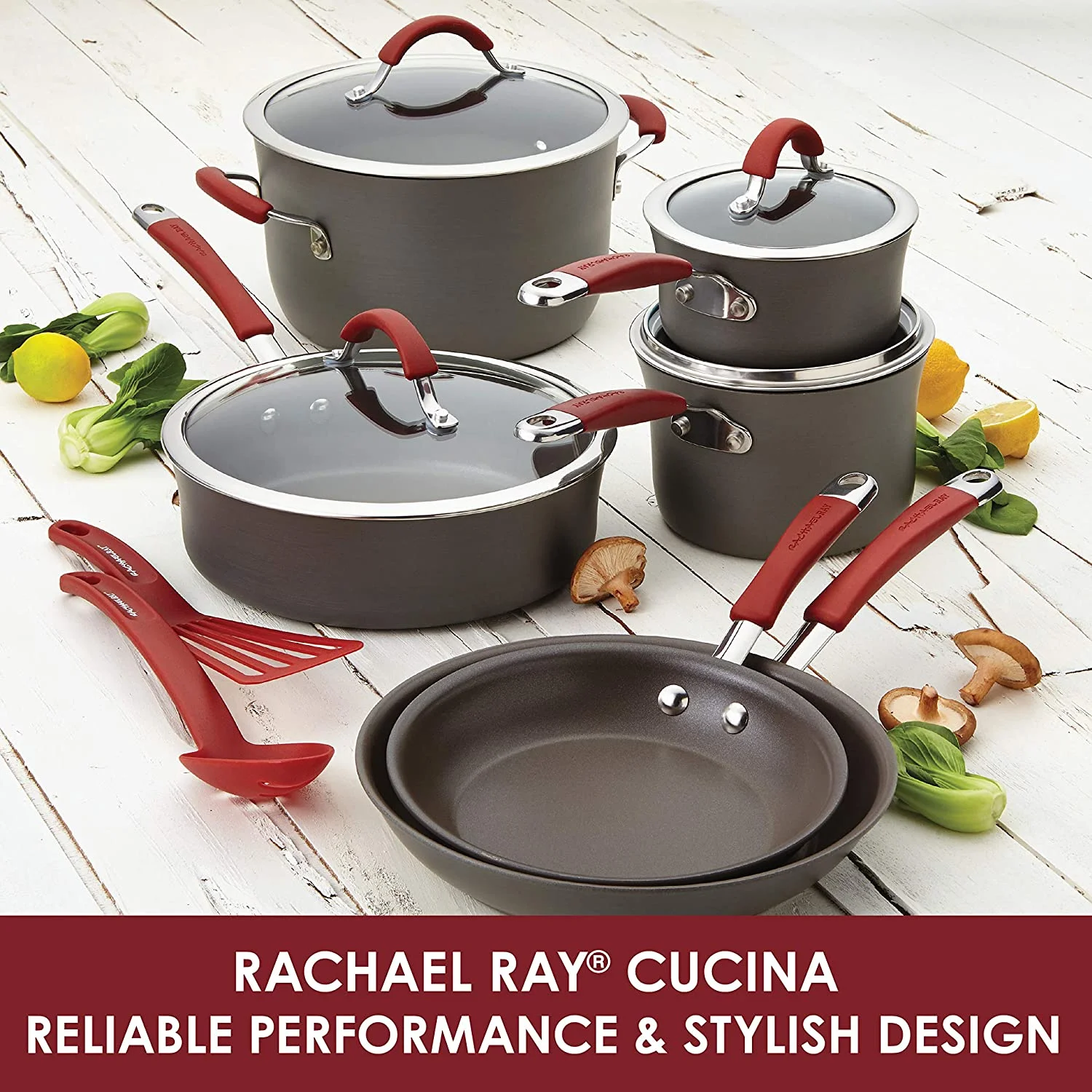 Rachael Ray Cucina Hard Anodized Nonstick Cookware Pots and Pans Set. 12 Piece. Gray with Red Handles