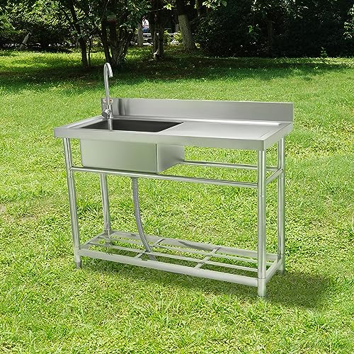 VEVOR Stainless Steel Utility Sink, 1 Compartment Free Standing Small Sink w/Workbench Faucet & legs