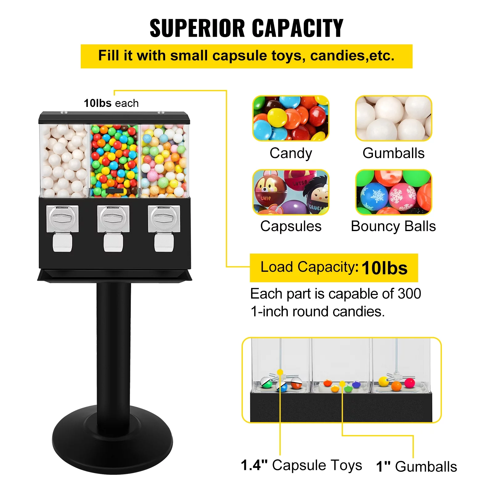 BENTISM Gumball Bank Triple Pod Candy Ball Vending Machine 115cm Height 350pcs gums 45Lbs Capacity Great Gift For Junior Kids Candy Dispenser With 3
