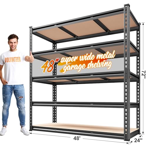 REIBII 48" W Garage Shelving Heavy Duty 3020LBS Storage Shelves 5 Tier Heavy Duty Shelving Adjustable Garage Shelves for Basement, Warehouse