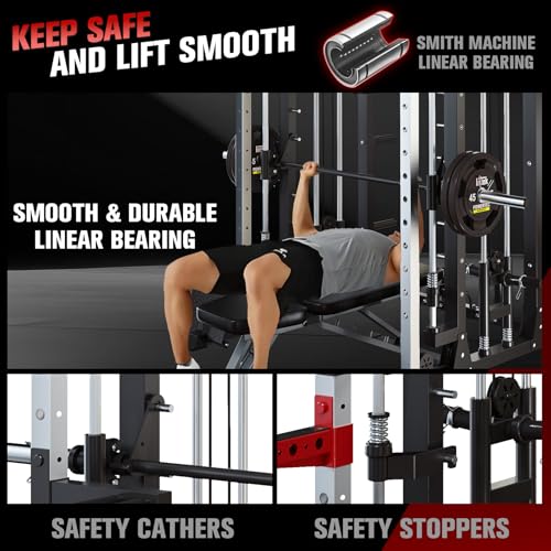 Smith Machine - 2200lbs Squat Rack Home Gym with LAT-Pull Down System & Cable Crossover Machine - Training Equipment with Leg Hold-Down Attachment
