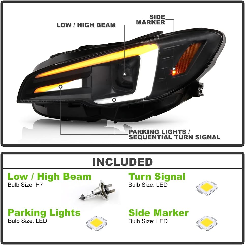 ACANII - For [Halogen Model] 2015-2020 Subaru WRX Black LED Switchback Sequential Tube Projector Headlights Headlamps