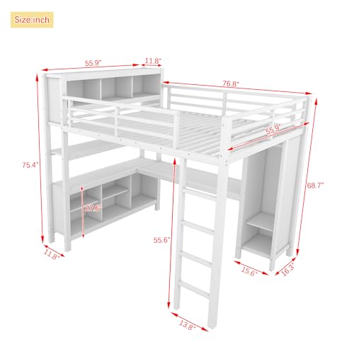 Harper & Bright Designs Full Loft Bed with Desk, Metal Loft Beds with Storage Shelves, Desk, and Wardrobe, Heavy-Duty Loft Bed Frame for Kids, Teens