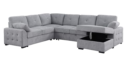 L-Shaped Pull Out Sleep Sofabed,Modern Reversible Sleeper Sectional Sofa Chenille Upholstered Button Tufted Decor with Storage Chaise