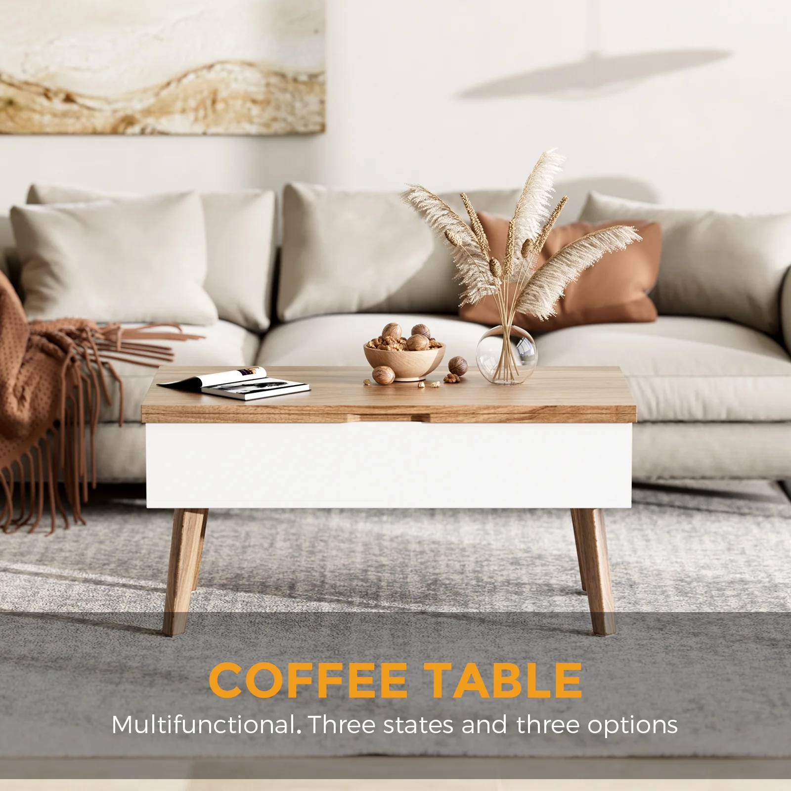 Bidiso 3 in 1 Lift Top Coffee Table, Ten Minutes Install Multifunction Coffee Table, Coffee Table Converts to Dining Table