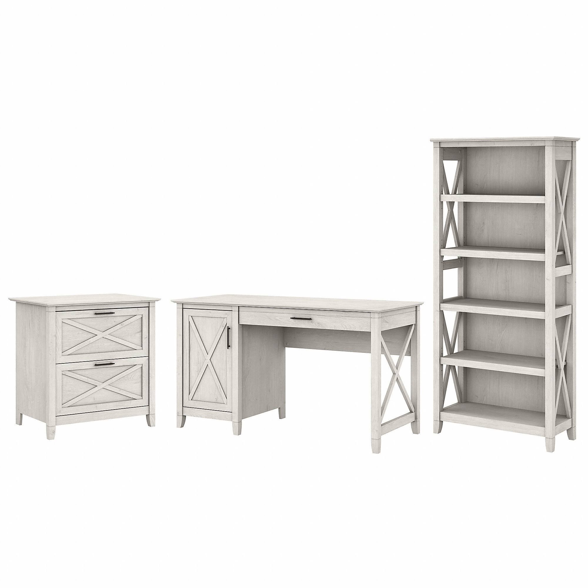 Bush Furniture Key West 54W Computer Desk with Lateral File Cabinet and Bookcase, Linen White Oak (KWS009LW)