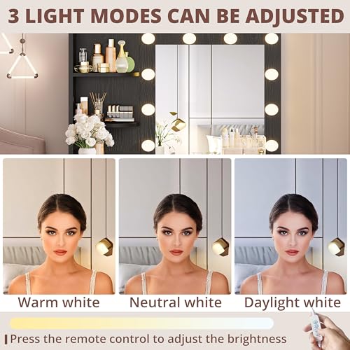 IRONCK Vanity Desk with Mirror and Lights, Small Makeup Vanity Table with 5 Drawers, Power Outlet, and Vanity Stool, 3 Lighting Colors