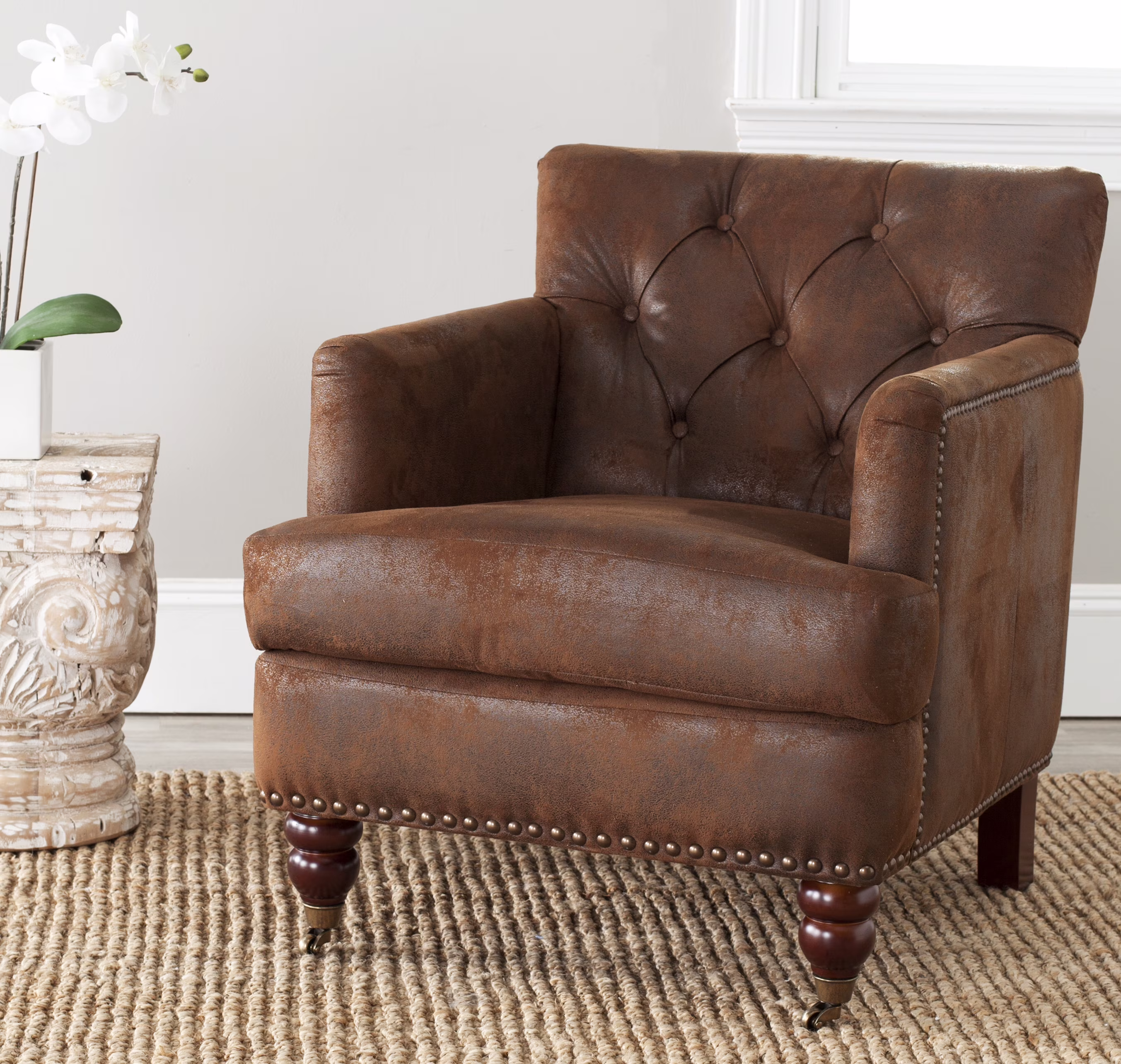 SAFAVIEH Colin Industrial Tufted Club Chair with Casters, Antique Brown