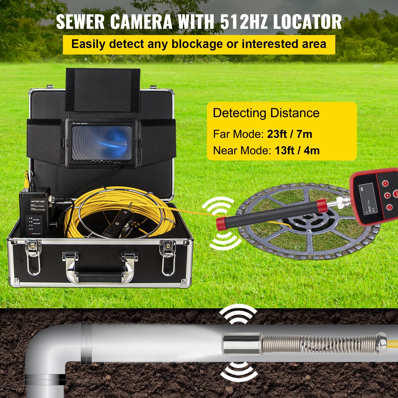 VEVOR Sewer Camera with Locator, 165' Cable, Drain Camera w/ 512Hz Sonde Transmitter & Receiver