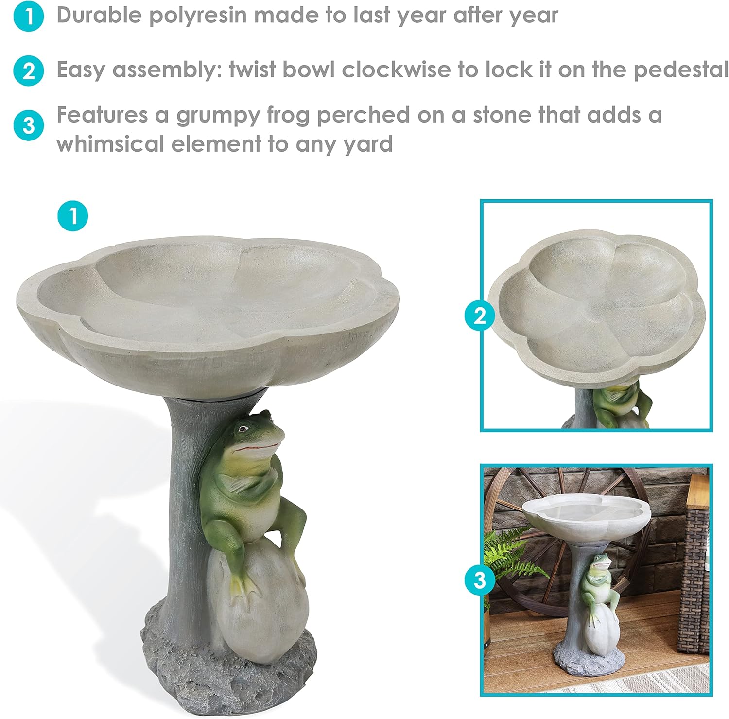 Sunnydaze Whimsical Outdoor Polyresin Bird Bath - Brooding Frog on Stone Garden Bird Bath - Polyresin - 22 Tall - Backyard, Patio, Garden