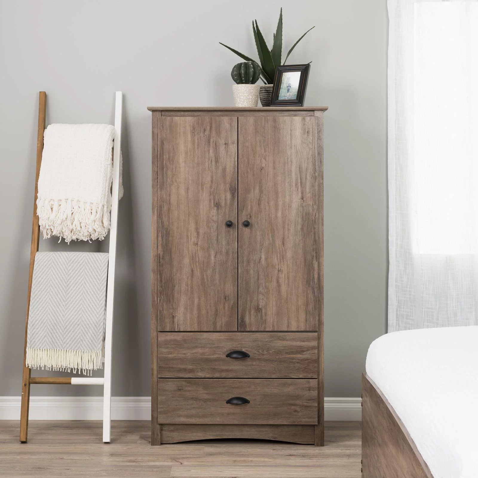 Prepac Salt Spring Wooden 2 Door Bedroom Armoire in Drifted Gray