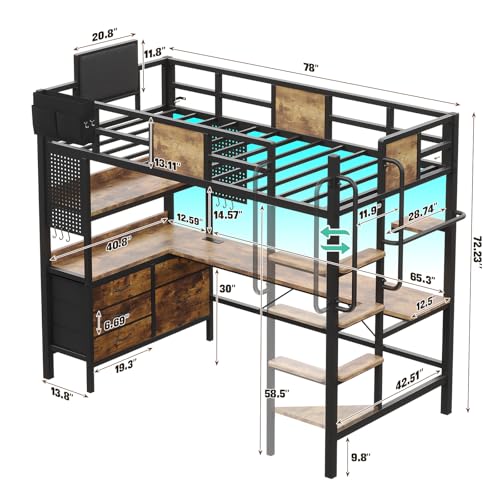 Loft Bed Twin Size, Twin Loft Bed with Desk, Metal Bunk Bed with Desk Underneath and LED Lights & Charging Station, L-Shaped Desk and Storage