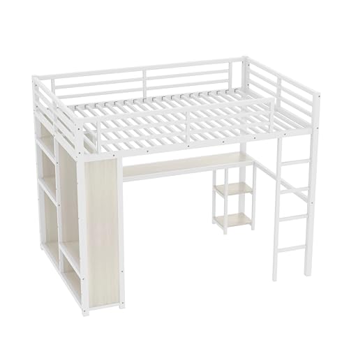 Bellemave Queen Size loft Bed with L Desk, Wardrobe, Metal Queen Loft Bed Frame for Adults, Kids, Teens, Black
