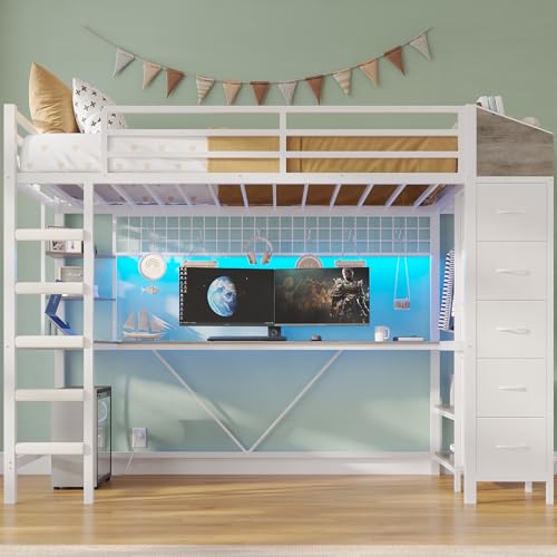 VIAGDO Loft Bed Twin Size with Hall Tree, Charging Station and LED Lights, Metal Loft Bed with L-Shaped Desk, 5 Storage Drawers