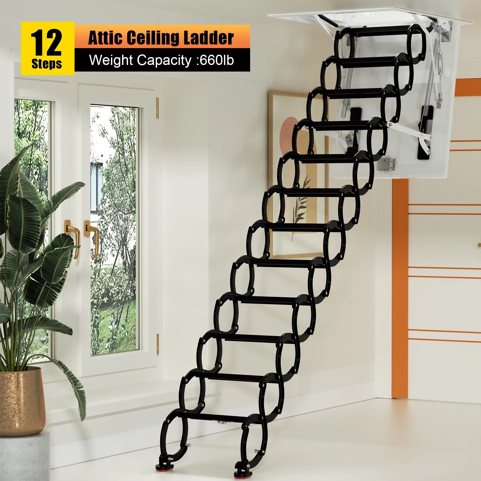 Motor Genic 12 Steps Black Loft Wall Folding Pulldown Attic Ceiling Ladder Stairs 39.4*27.6"