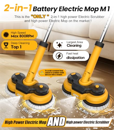 qimedo 6000mAh Battery Electric Mop M1, 800RPM Cordless Electric Power Scrubber & Mops for Floor Cleaning