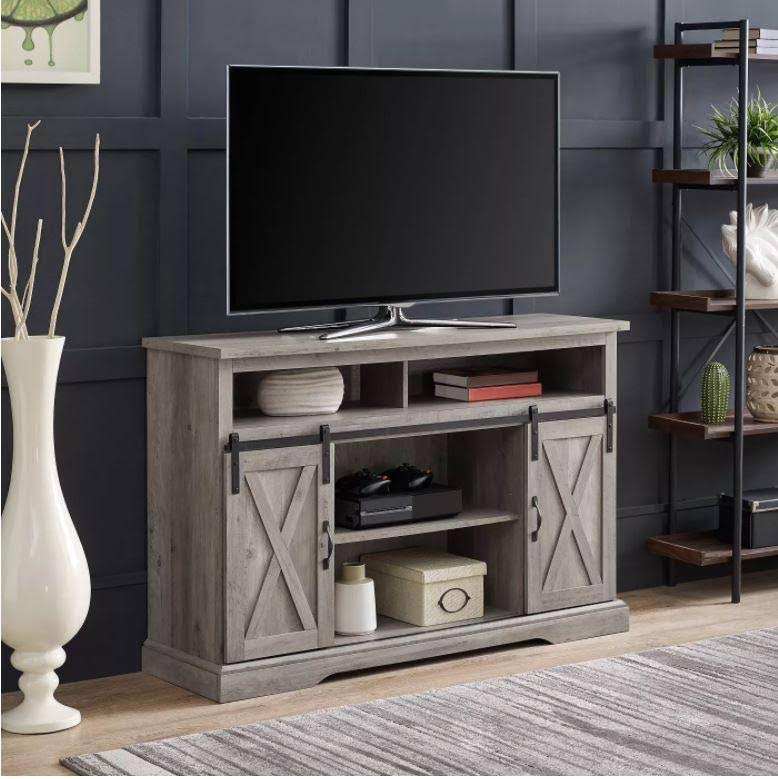 52x22 Sliding Barndoor Modern Farmhouse TV Highboy Storage Stand Gray Wash - Saracina Home