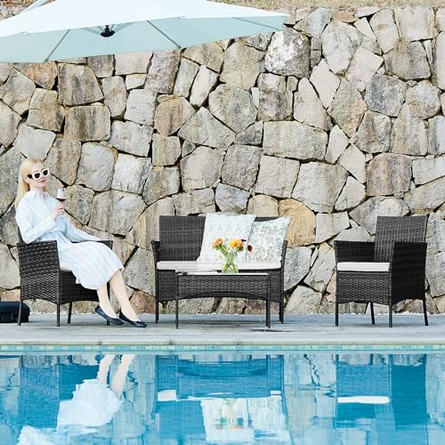 DUMOS Patio Furniture Set 4 Pieces, Outdoor Wicker Furniture with Coffee Table, Modern Rattan Patio Chairs Conversation Sets with Sofa for Garden