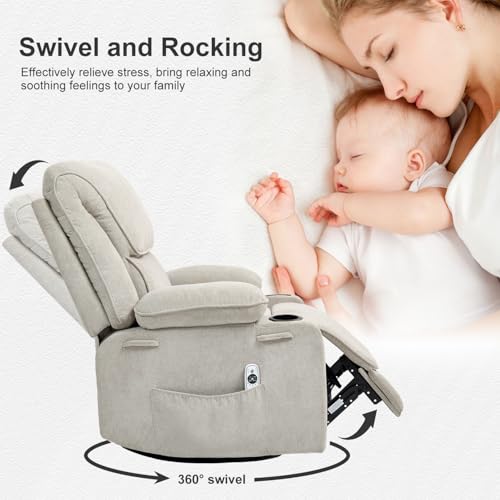 Rocker Recliner Chair with Massage and Heated, 360°Swivel Rocking Chairs with Cup Holders Remote Control for Living Room (Gray Oatmeal)
