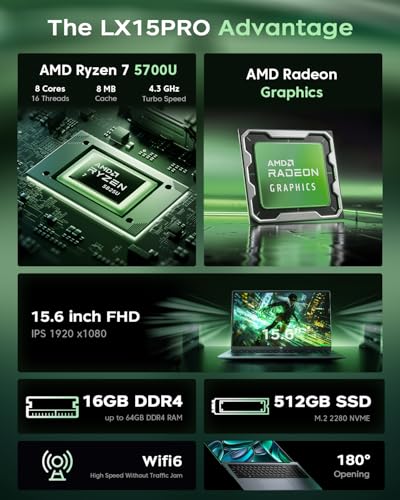 Laptop AMD Ryzen 7 5700U 15.6-in 16GB DDR4 512GB NVMe SSD AMD Laptops Notebook-Computer WiFi 6 Numeric Keypad HDMI Type-C 3.5mm Audio Webcam USB 3.2