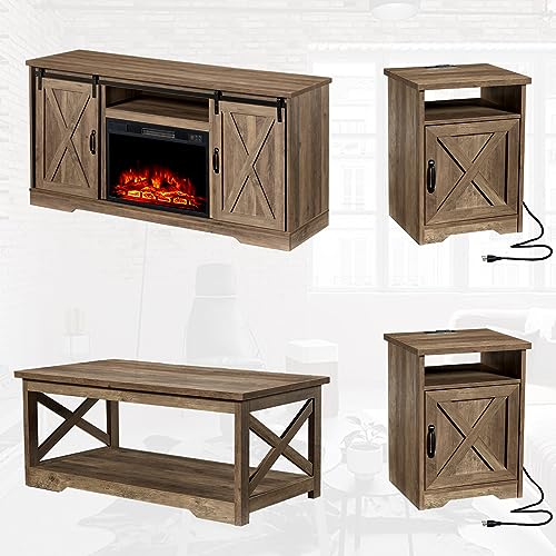 AMERLIFE 5-Piece Farmhouse Table Set Includes Fireplace TV Stand, Coffee Table& Two End Tables with Charging Station and USB Ports, for Living Room