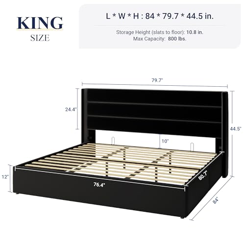 Allewie Full Size Lift Up Storage Bed, Modern Wingback Headboard, Hydraulic Support, No Box Spring Needed, Light Beige