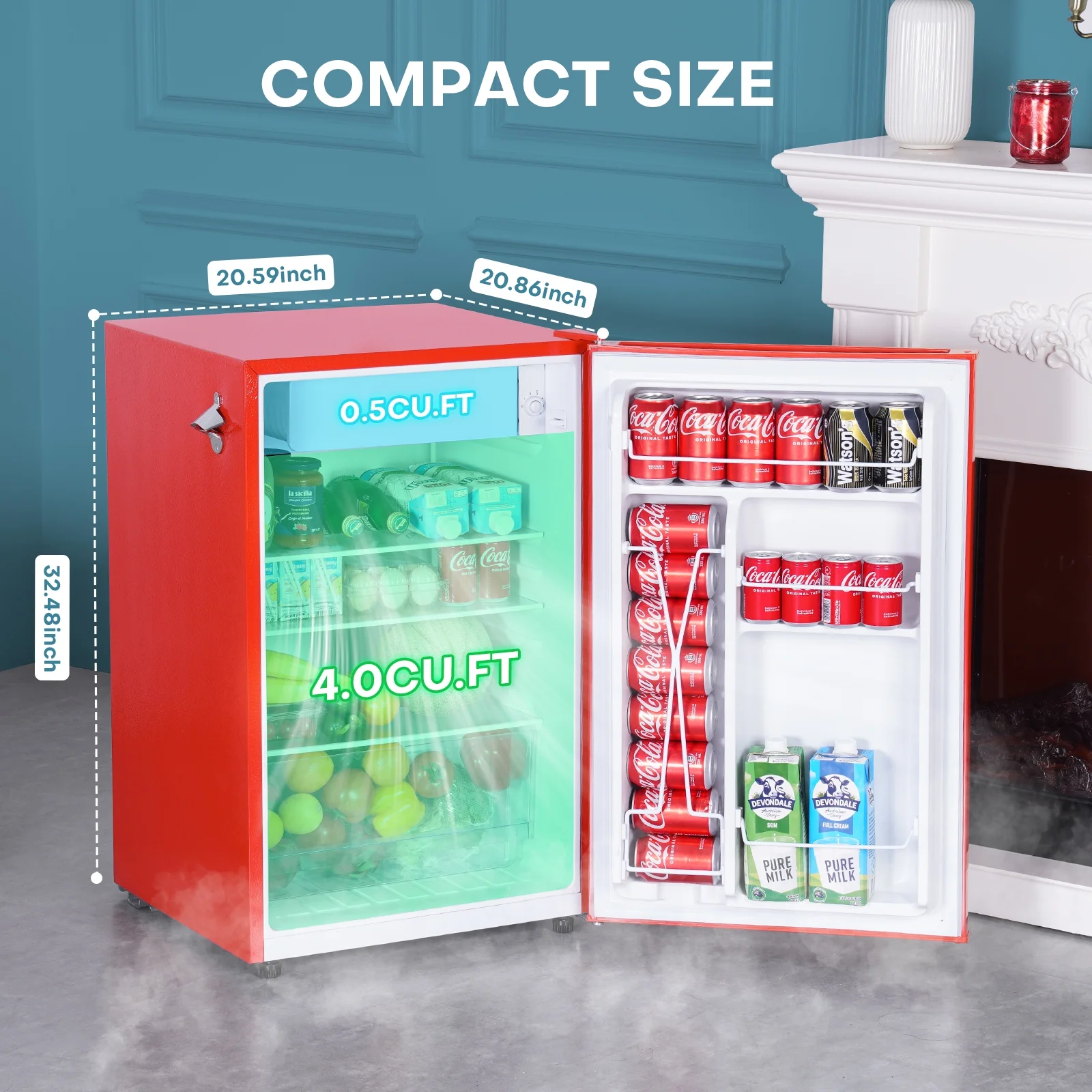 Upstreman 4.5 Cu Ft Retro Compact Refrigerator, Mini Fridge with Freezer for Bedroom, Adjustable Thermostat, Side Bottle Opener