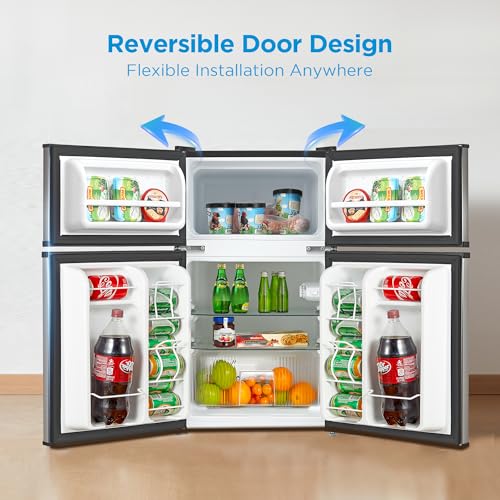 Midea WHD-113FB1 Double Door Mini Fridge with Freezer for Bedroom Office or Dorm with Adjustable Remove Glass Shelves Compact Refrigerator, 3.1 cu ft