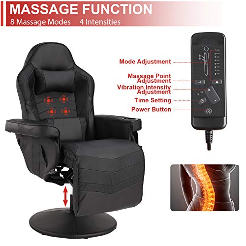 Massage Video Gaming Recliner Chair - Ergonomic Backrest & Seat Height Adjustment Swivel Recliner