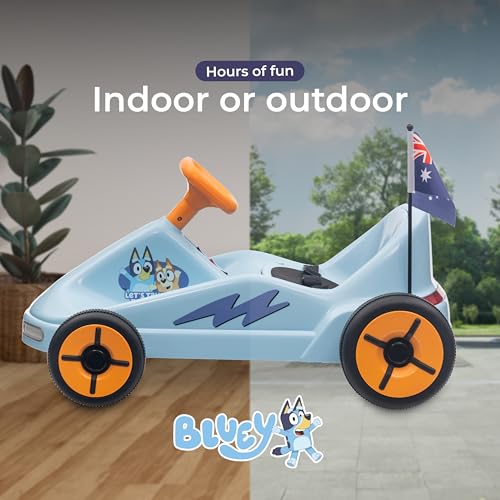 Bluey 12V Electric Go Kart for Kids, Electric Ride-On Toy with Lights, Seat Belt, Ages 3-6, Durable PVC and Iron Construction, Rechargeable Battery