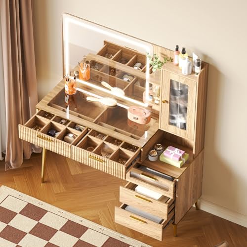 47.24" Big Modern Vanity Desk with Mirror and Lights, Vanity Desk with 29.53" HD Lighted Mirror