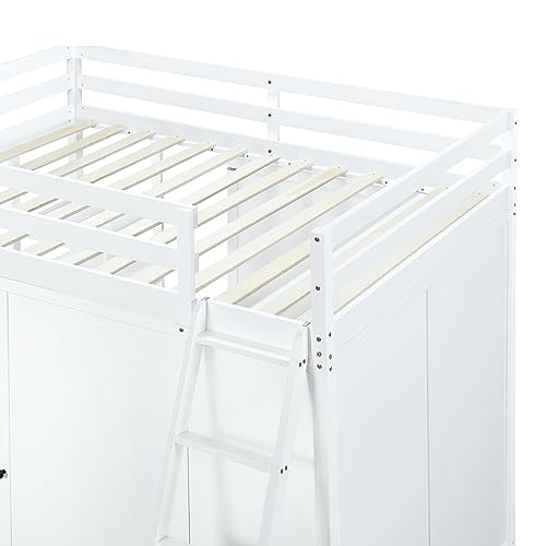 Twin Loft Bed with Staircase, Desk and Wardrobe, Wood Loft Bed with Storage Shelves and Safety Guardrail