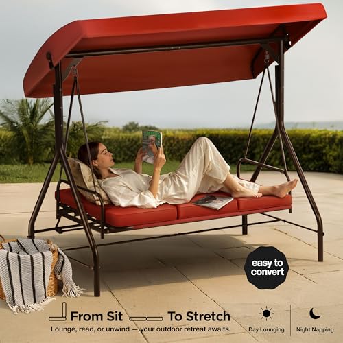 Porch Swing - 3-Seat Patio Outdoor Swing with Canopy for Adultes, Convertible Glider Bed, Thick Removable Cushions & Pillows for Backyard, Porch