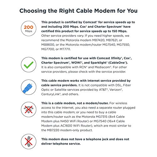 MOTOROLA 8x4 Cable Modem, Model MB7220, 343 Mbps DOCSIS 3.0, Certified by Comcast XFINITY, Time Warner Cable, Cox, BrightHouse, and More (No Wireless)
