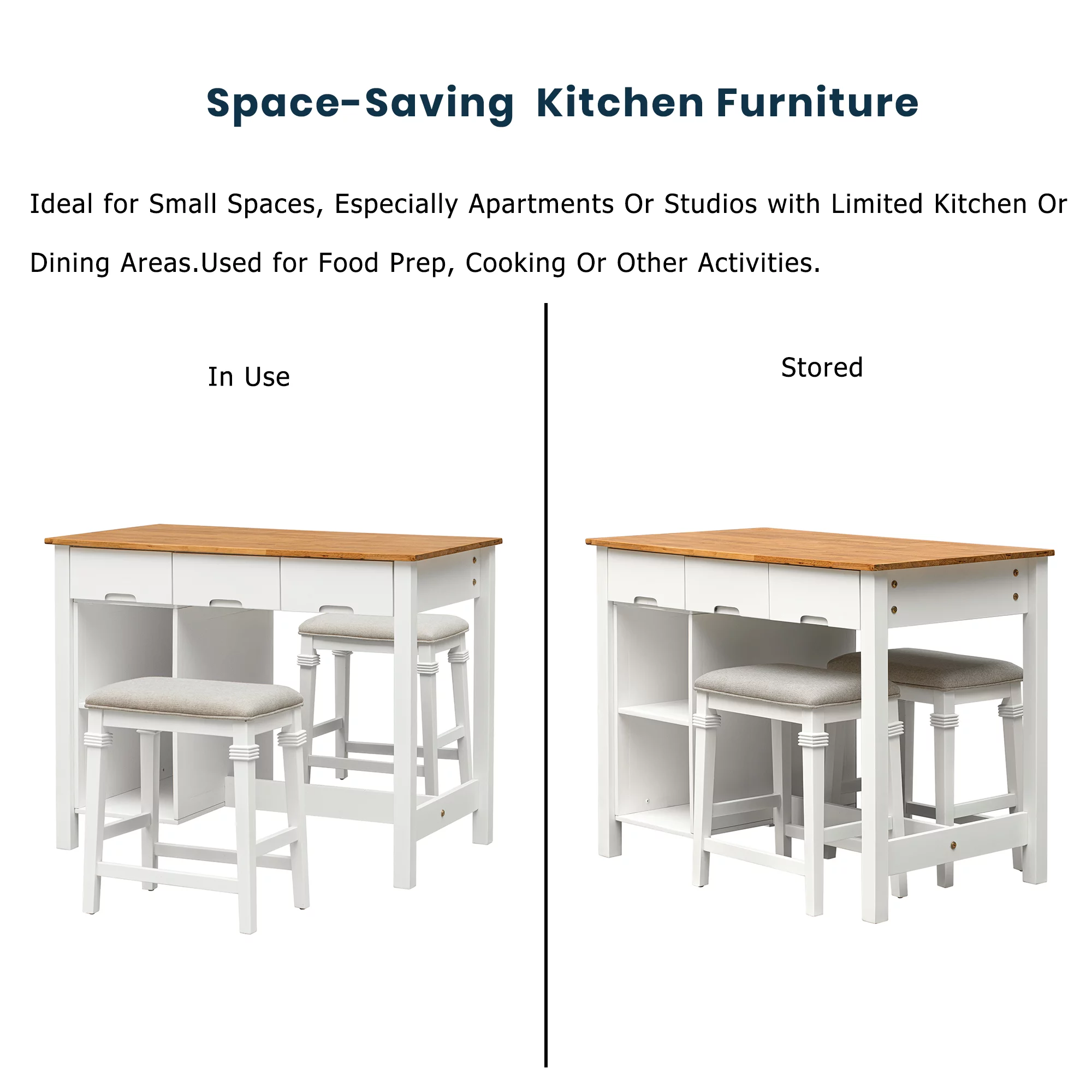 TOPMAX Farmhouse 3-piece 45" Stationary Rubber Wood Kitchen Island Set with 2 Seatings