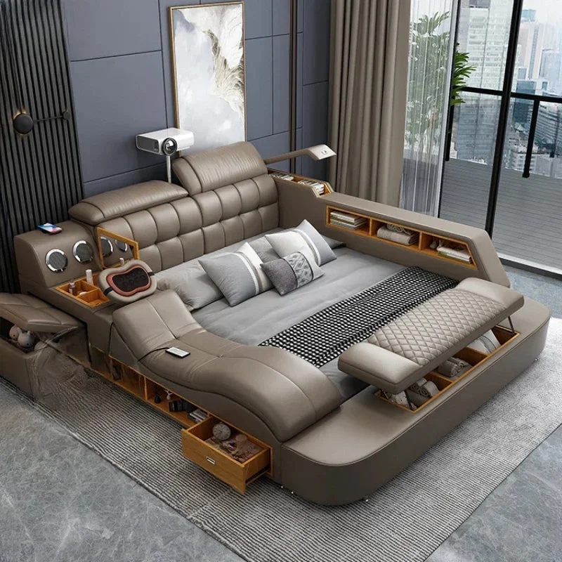 Girl Nordic Aesthetic Double Bed Storage Multifonction Modern King Double Bed Leather Smart Cama Matrimonial Bedroom Furniture