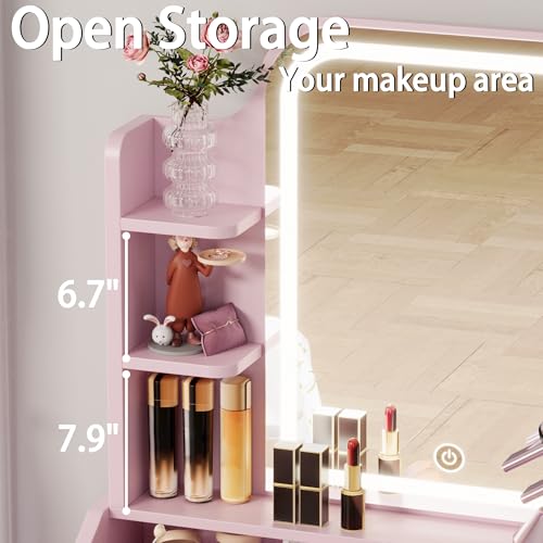 LIKIMIO Small Makeup Vanity Desk with Mirror and Lights, Vanity Table Set with Storage Drawer, Chair and Three Shelves, Bedroom, White