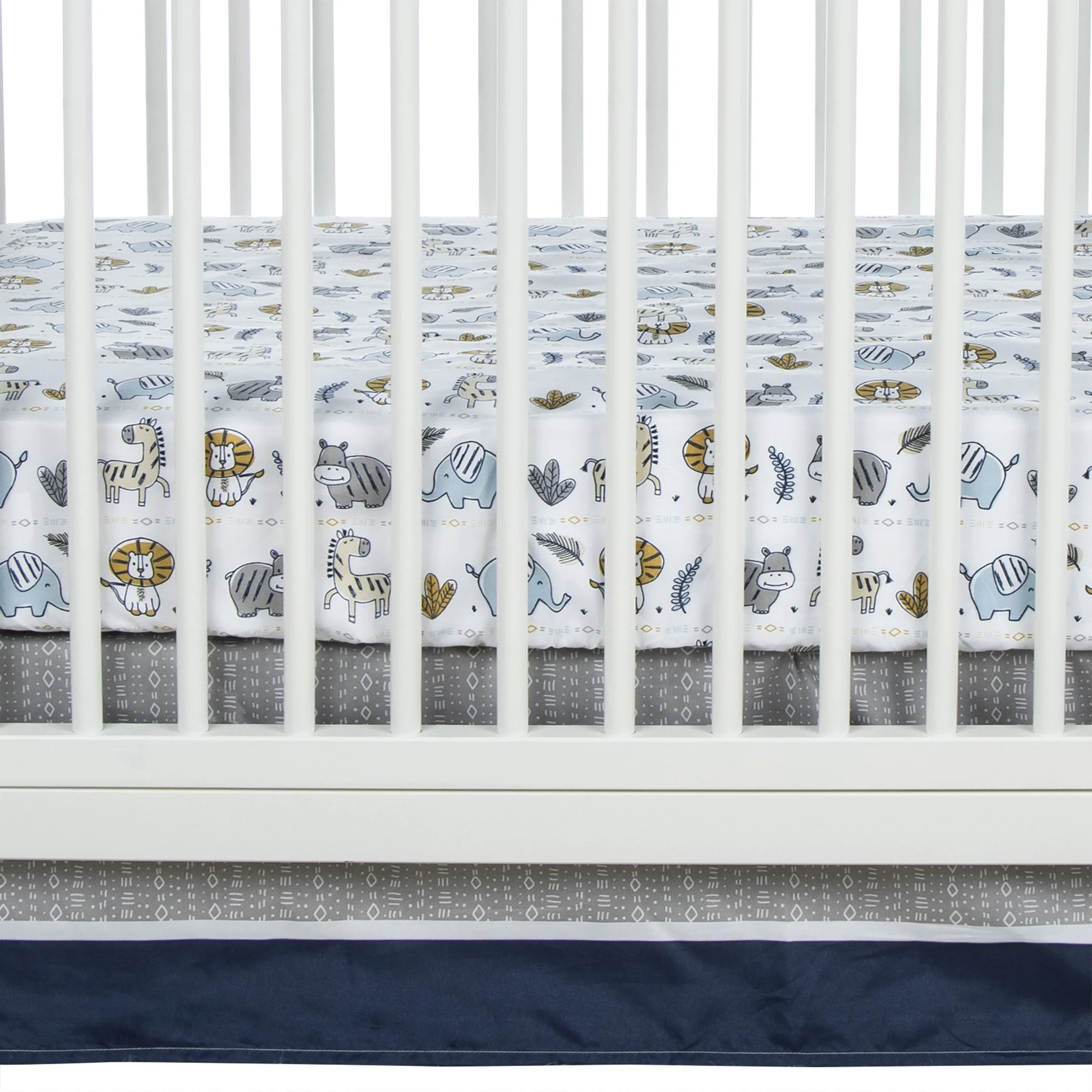Sammy & Lou Zambia 4 Piece Crib Bedding Set. White, Tan, Orange, Blue, Navy and Gray Set is 100% Microfiber