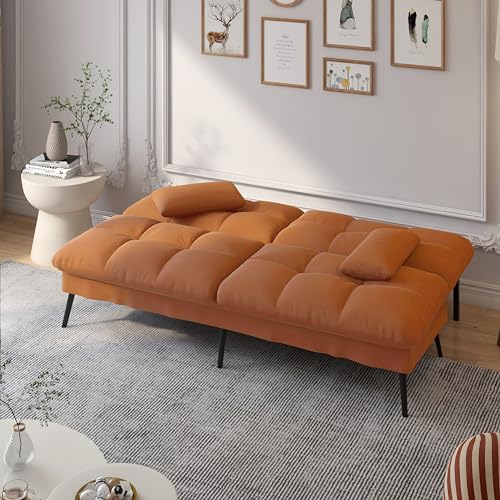 COMHOMA Convertible Futon Sofa Bed, 68″Fabric Futon Couch with Adjustable Backrest, Folding Futon Sleeper Recliner for Living Room Furniture (Black)