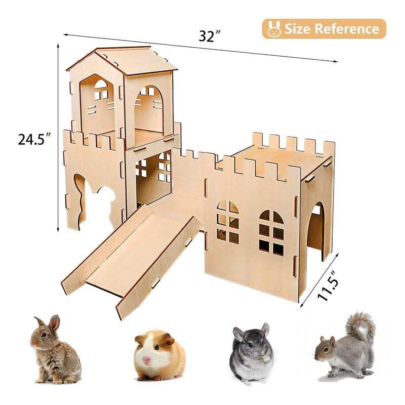 Extra Large Wooden Rabbit Castle Hideaway Tunnel and Bed Small Animal Hideaway Hut Solid Safe Construction Play Hideaway Hut for Rabbit Guinea Pig